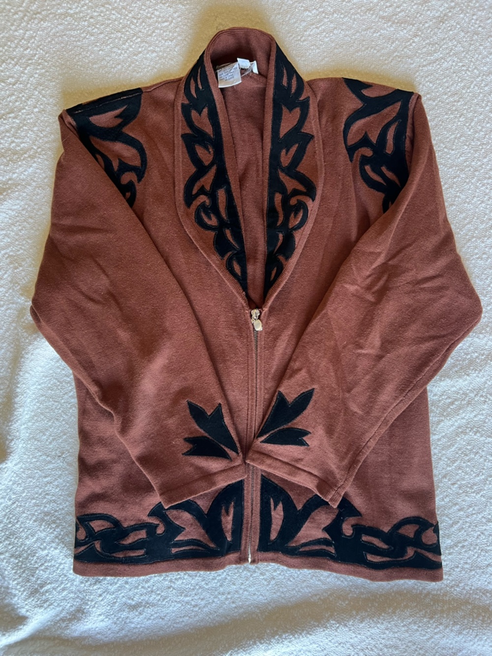Gia Ninna Vintage 90s Western Suede Leather Applique Cardigan Sweater XL Rust